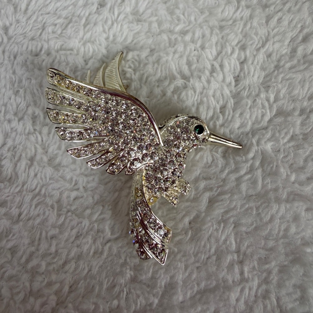 Silver Tone Rhinestone Hummingbird Brooch Pin Green Eye Crystal Bird Accessory - Picture 3 of 6